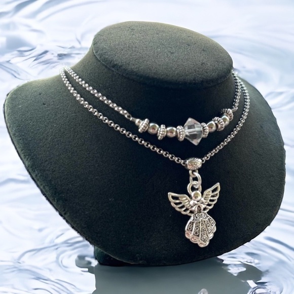 Genuine herkimer diamond crystal double layer stainless steel angel necklace - Picture 2 of 14